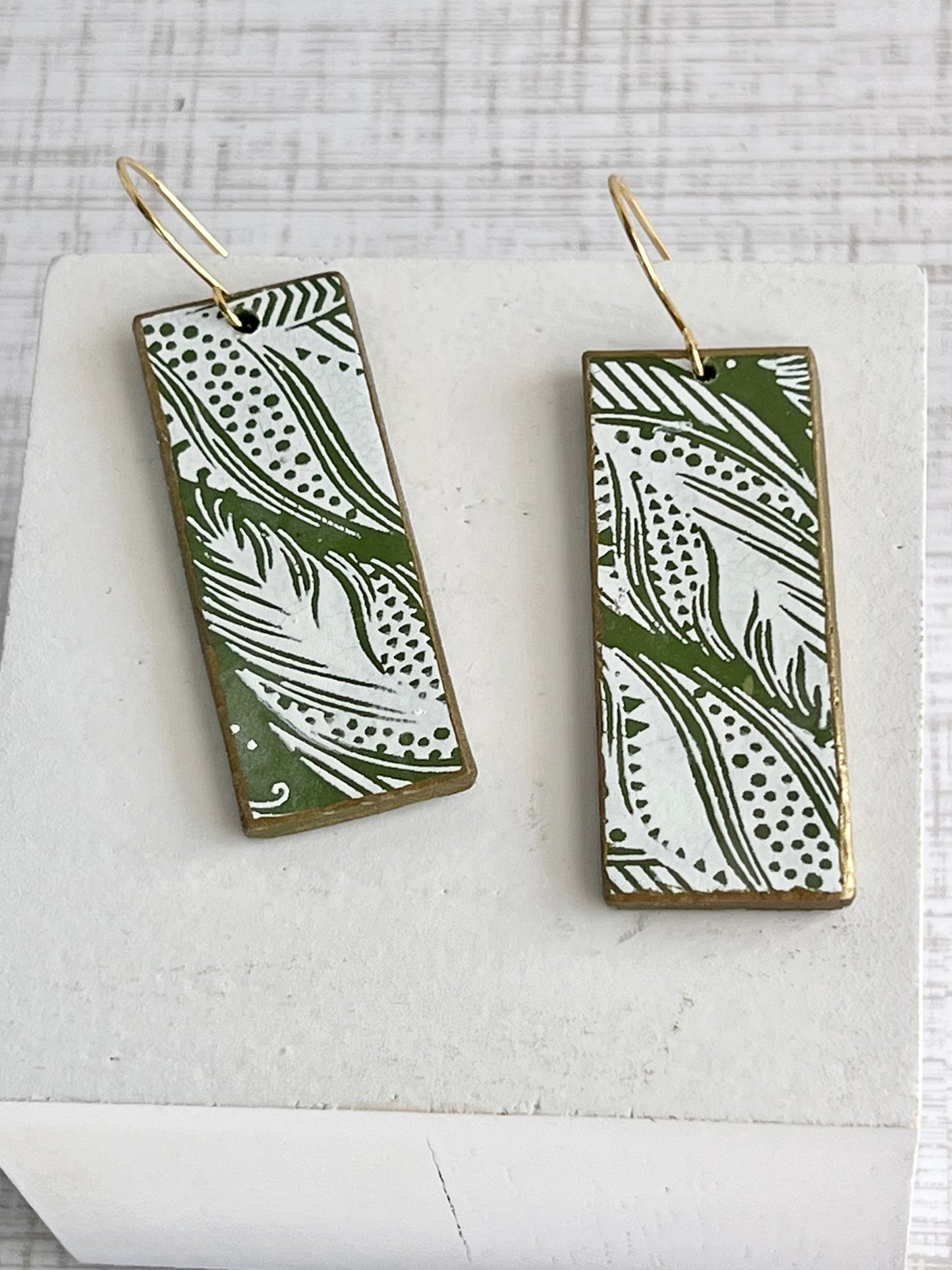 Green And White Rectangle Dangle Earrings