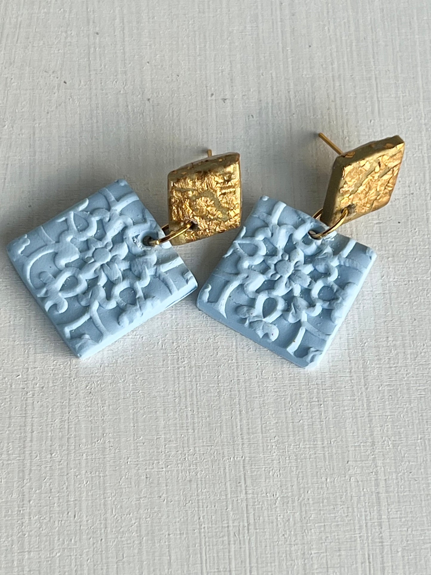 Powder Blue and Gold Square Earrings