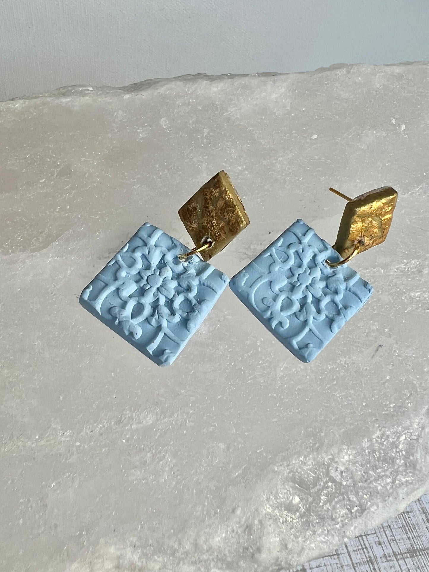 Powder Blue and Gold Square Earrings