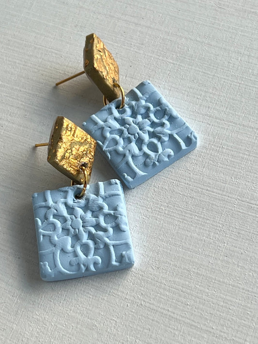 Powder Blue and Gold Square Earrings