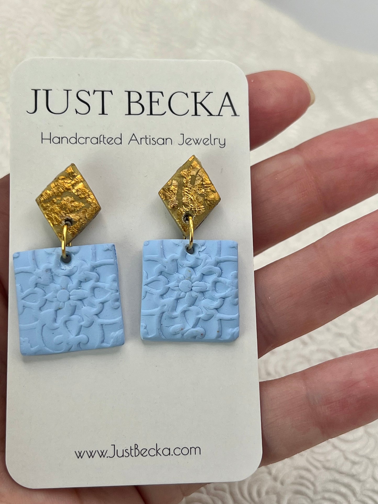 Powder Blue and Gold Square Earrings