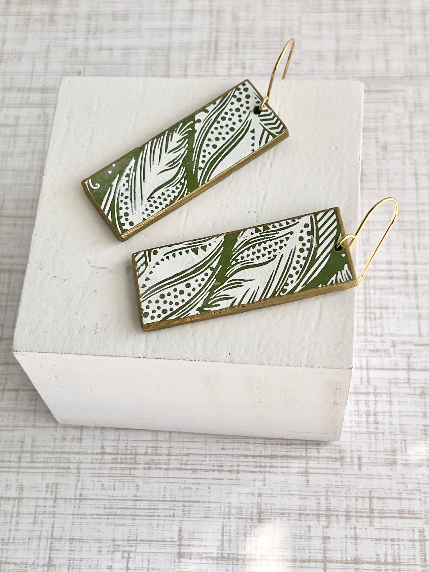 Green And White Rectangle Dangle Earrings