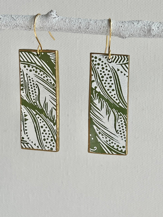 Green And White Rectangle Dangle Earrings