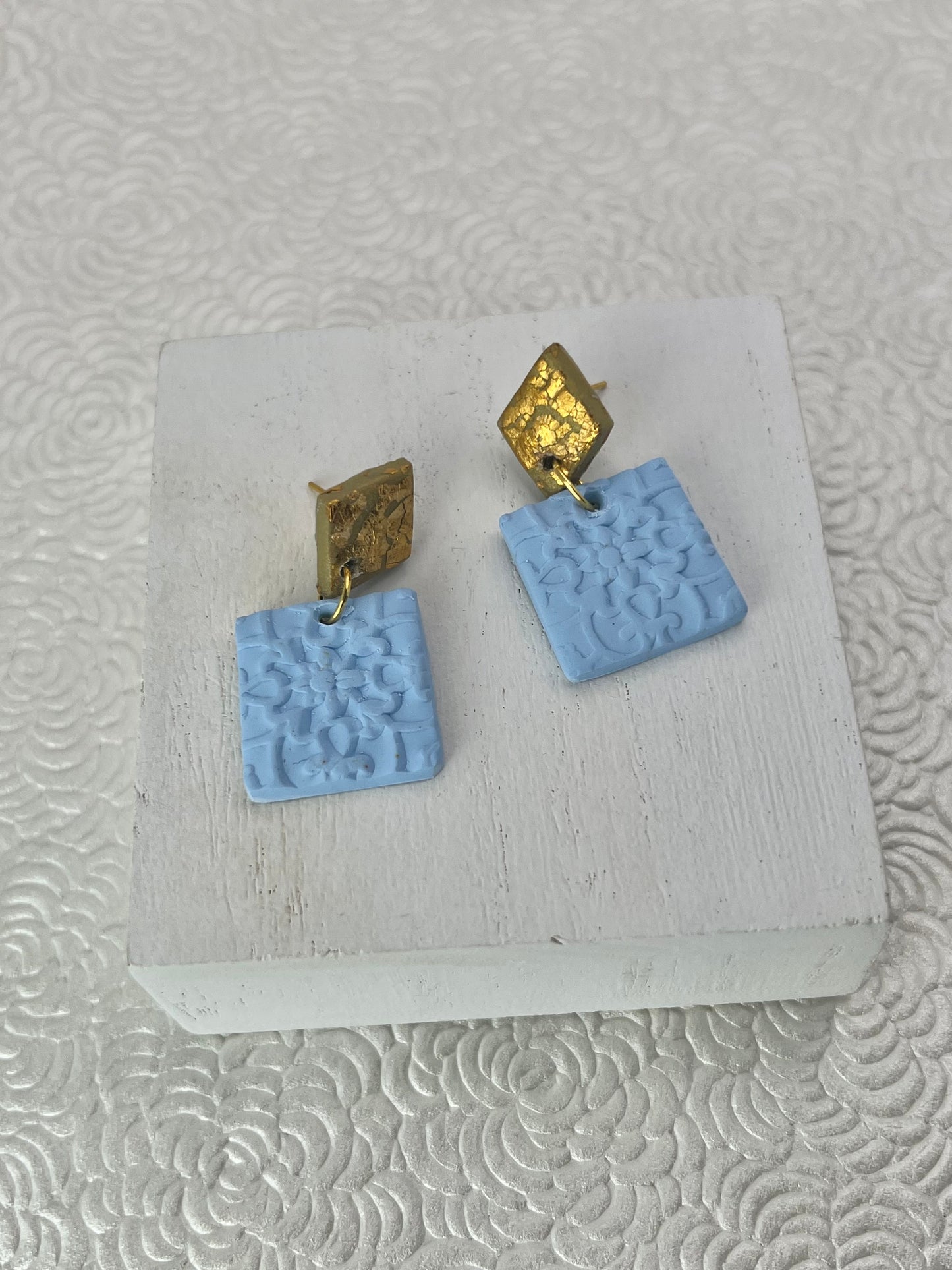 Powder Blue and Gold Square Earrings